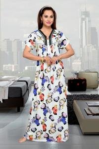 High Quality Rayon Lavender Print Long Nighty - Beige with Black